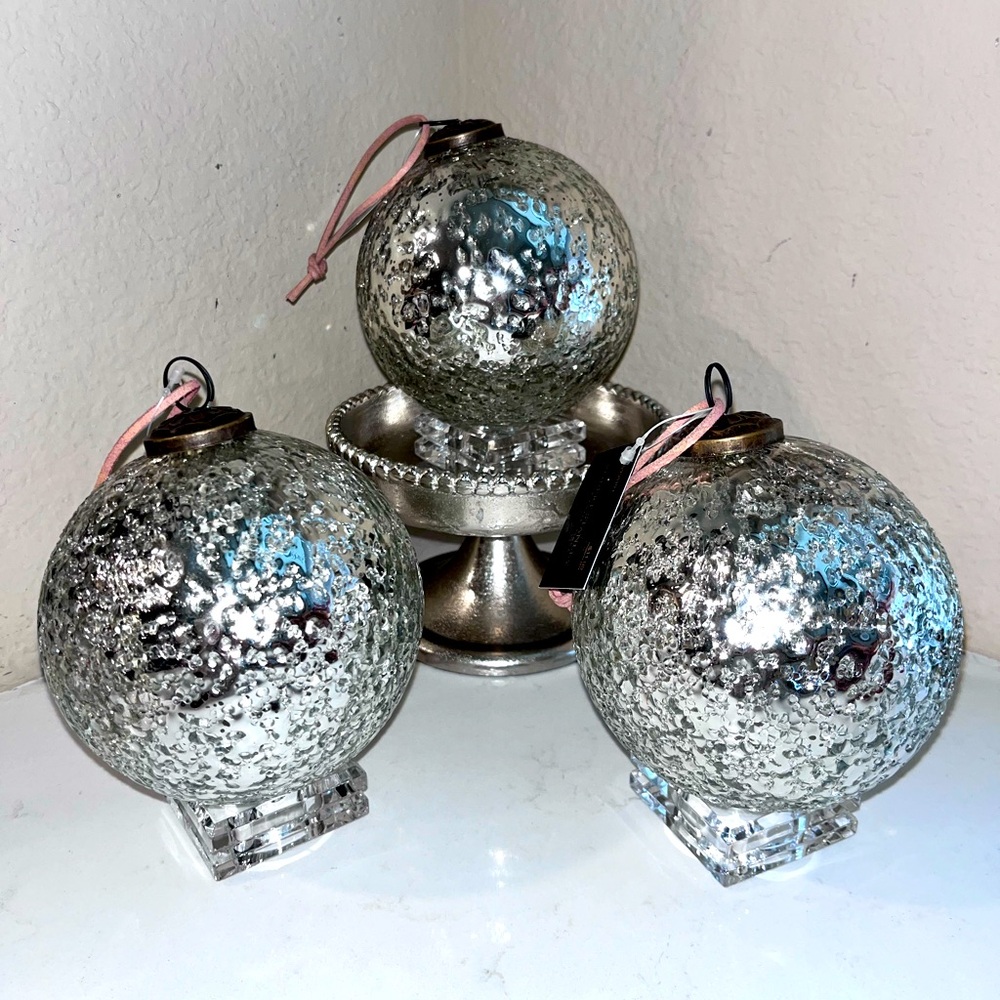 3-NIB ROBERT STANLEY KUGEL ANTIQUE MERCURY CRACKLED GLASS BALL ORNAMENTS
